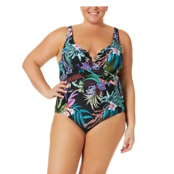 Terra and Sky Bathing Suit Black Floral One Piece Slimming Women's Plus Size 5X - Picture 1 of 13